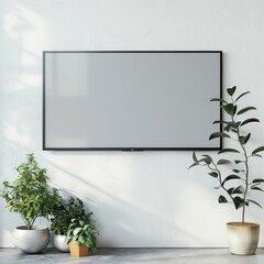 mockup of a thin black picture frame border with a blank screen in light interiors