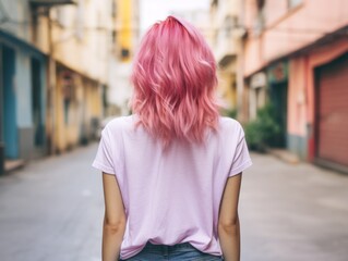 Vibrant pink hair in urban alley