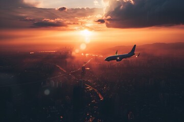 An airplane travels above urban architecture during a glowing sunset, representing travel and global connectivity
