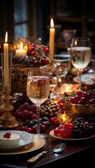 Festive table setting for Christmas and New Year with candles and champagne