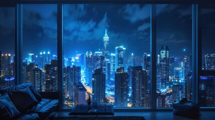 modern city at night backlighted with blue atmosphere