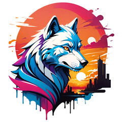 Graffiti abstract wolf and sunset for tshirt