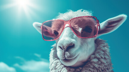Obraz premium A Portrait of a Sheep face with a sunglass A photo-realistic sheep’s head with background