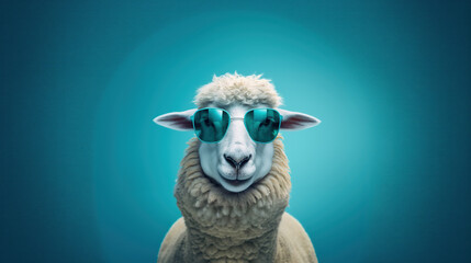 A Portrait of a Sheep face with a sunglass A photo-realistic sheep’s head with background