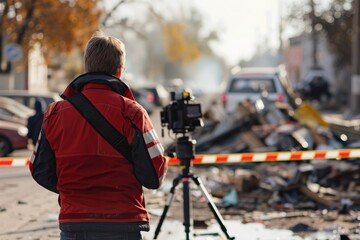 A professional photographer taking photos of a disaster site with debris and caution tape