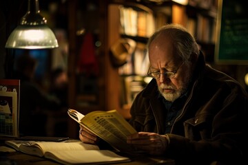 An elderly man is deeply engrossed in reading a book, sitting under the warm light of a table lamp in a comfortable, cozy indoor setting