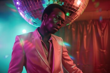 A close-up portrayal of a man in a party mood, enjoying the ambiance of a discotheque with disco balls and colorful lights