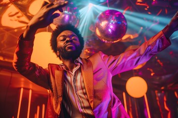 A vibrant image capturing a man with dynamic dance moves under the shining disco balls in a lively...