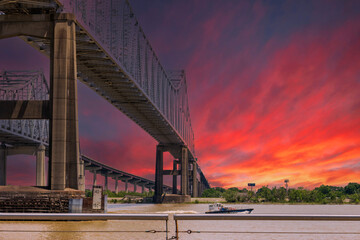 The Crescent City Connection bridge over the Mississippi River with lush green trees, plant and grass and powerful clouds at sunset in New Orleans Louisiana USA