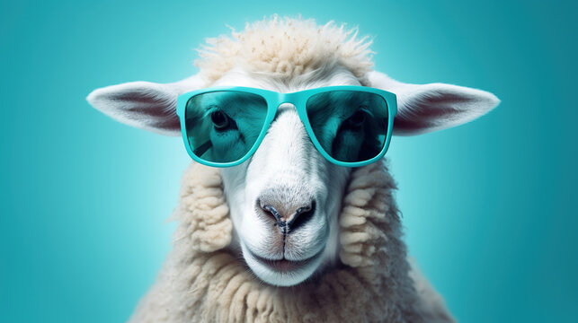 A Portrait of a Sheep face with a sunglass A photo-realistic sheep&rsquo;s head with background