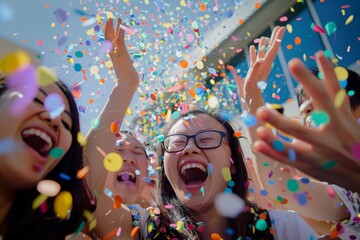 Joyous hands are raised into the air amid a shower of colorful confetti, capturing the peak moment of celebration and happiness