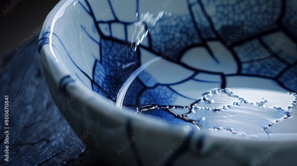 Poster A dynamic image capturing water splashing inside a ceramic bowl with blue intricate patterns on a textured surface