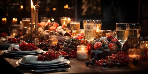 Romantic dinner table with wine, candles and fruits. Selective focus.