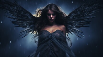 Mysterious dark angel with dramatic wings