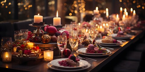 Festive table setting for Christmas and New Year dinner in the city