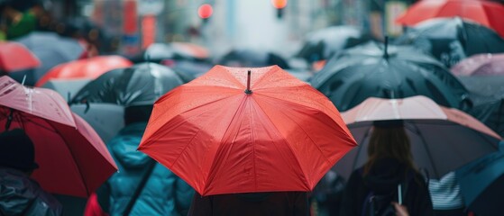 Standing Out in a Sea of Faces: A Lone Figure with a Red Umbrella Amidst a Crowd of People
