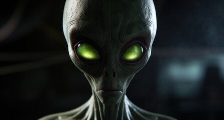Obraz premium Alien face with glowing green eyes in the dark