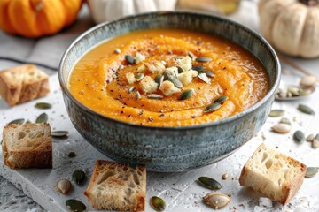 A bowl of soup with bread and pumpkin seeds