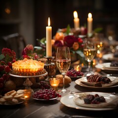 Obraz na płótnie Canvas Festive table setting for Christmas and New Year dinner in the dark