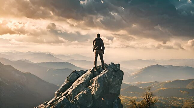 Cinematic Footage Video of Man Standing Successful on Mountain Top