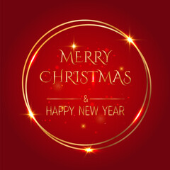 Handwritten Christmas and New Year greetings in a glowing round frame, modern festive calligraphy lettering in golden over red