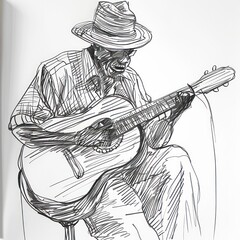 pencil simple line drawing of a blues musician playing a guitar