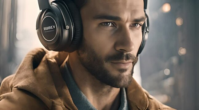 Concept Video: Man Wearing Headphones with Sad Face, Listening to Sad Music
