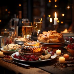 Festive table with different food and wine on wooden table in restaurant