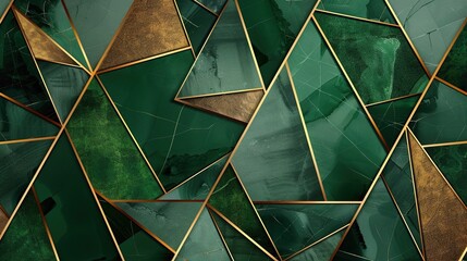 A modern, geometric pattern in shades of green with golden accents