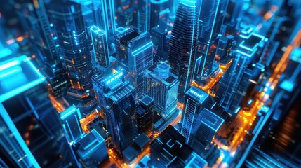 Urban infrastructure of a smart city with blue neon lighting - obrazy, fototapety, plakaty