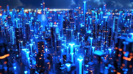 Urban infrastructure of a smart city with blue neon lighting