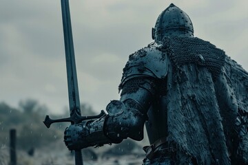 Naklejka premium Medieval knight in armor raises his sword high in the rain, symbolizing triumph and valor on a solemn, war-torn battlefield