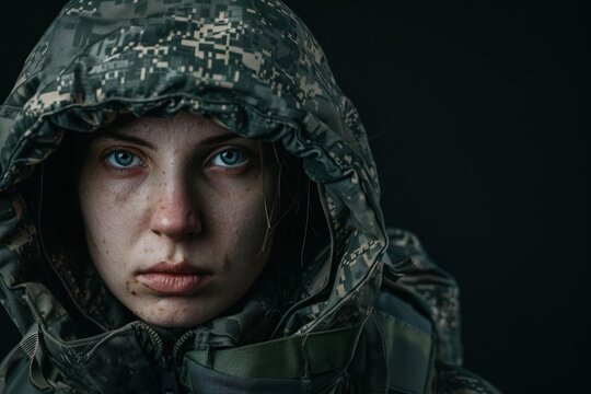 Focused female soldier in camouflage jacket, portrayed in a close-up portrait against a dark backdrop, emanating determination and resilience