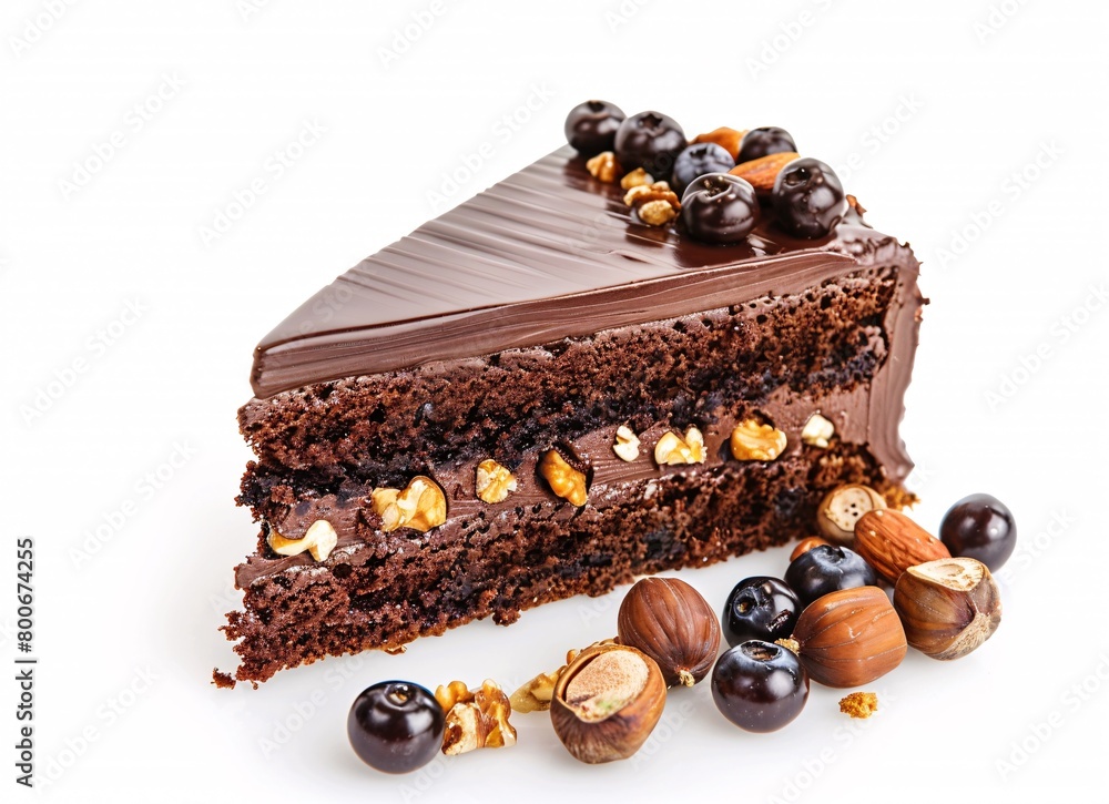Wall mural a piece of chocolate cake with nuts and berries on white bread - Wall murals