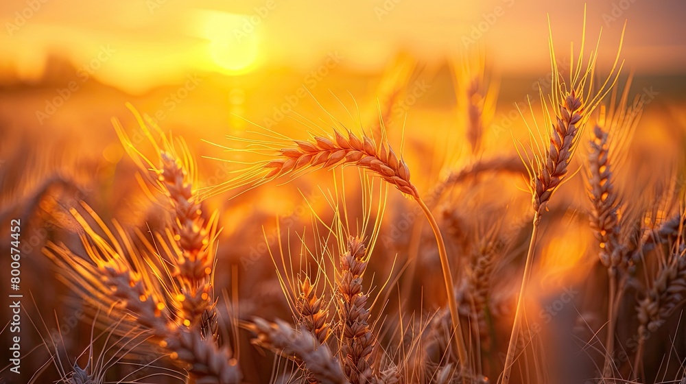 Poster a field of golden wheat with the sun shining on it. the sun is setting in the background