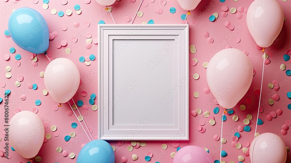 Poster a white frame with a pink and blue balloon in the background. the frame is empty and the balloons ar