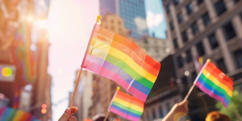 an outdoor pride event shows people holding rainbow flags