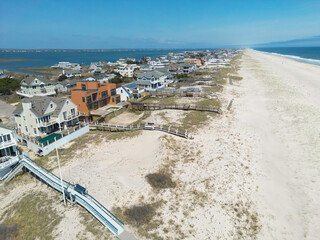 Aerial view of luxury homes along the beach in the Hamptons Long Island New York