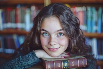 Tranquil young girl with captivating green eyes, resting on books in a cozy library, evoking a sense of calm and wonder