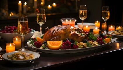 Thanksgiving dinner with roasted turkey, wine and fruits on the table