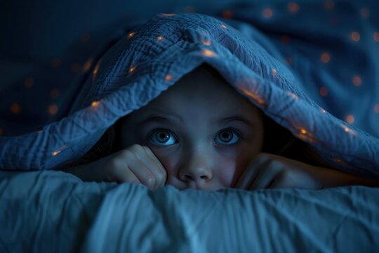 Frightened child peeking from under a blanket with wide, fearful eyes, bathed in the soft glow of twinkling fairy lights, evoking a sense of nighttime fear and unease