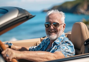 a smiling senior man in a convertible