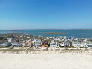Aerial view of luxury homes along the beach in the Hamptons Long Island New York