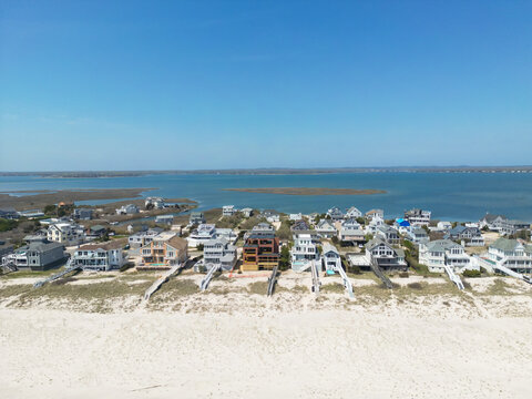 Aerial view of luxury homes along the beach in the Hamptons Long Island New York