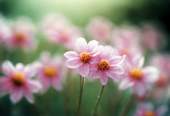 Fototapeta premium Flowers Unique Pink Spotted Background Flower Nature Vintage Easter Spring Grass Floral Beauty Happy Garden Green Red Plant Field Beautiful Natural Yellow Crowd Botany Seasonal HorticultureBackground'