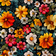 Seamless pattern of flowers with pink blue and orange background.	