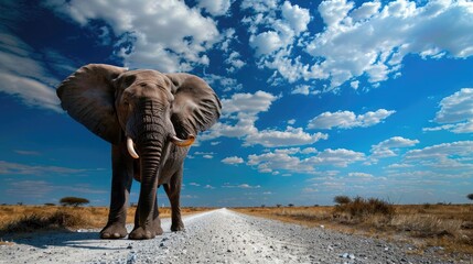 Big African Elephant on the gravel road with blue sky - obrazy, fototapety, plakaty