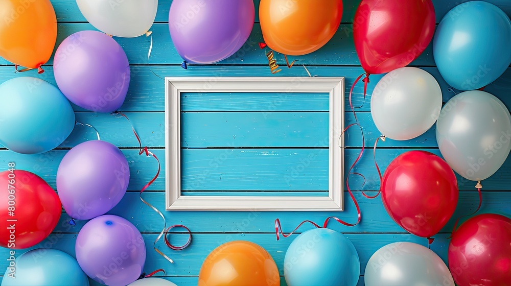 Poster a blue background with a white frame and a bunch of colorful balloons surrounding it. the balloons a