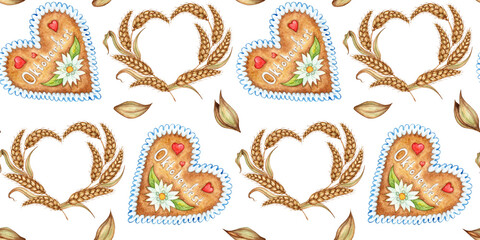 Bavarian gingerbread and golden ears of wheat pattern watercolor illustration, gingerbread cookies in the shape of a heart. Oktoberfest isolated from background. For menus, banners, poster printing