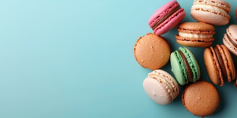 A blue background with a bunch of different colored macarons. The macarons are arranged in a circle and are of different colors
